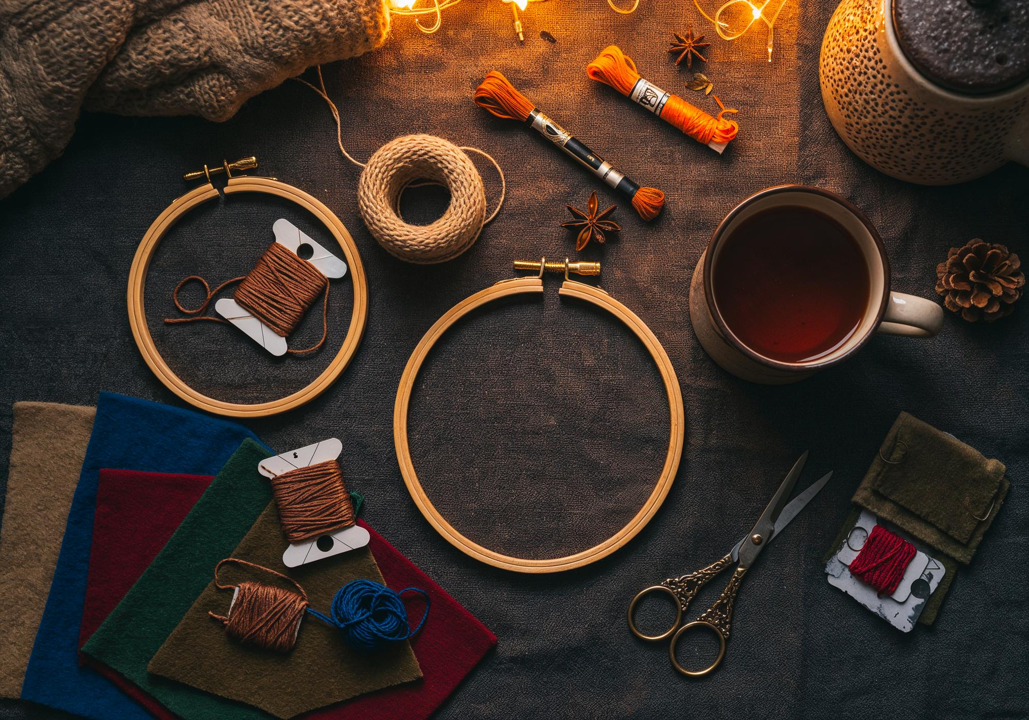 atelier workspace with hoops and threads